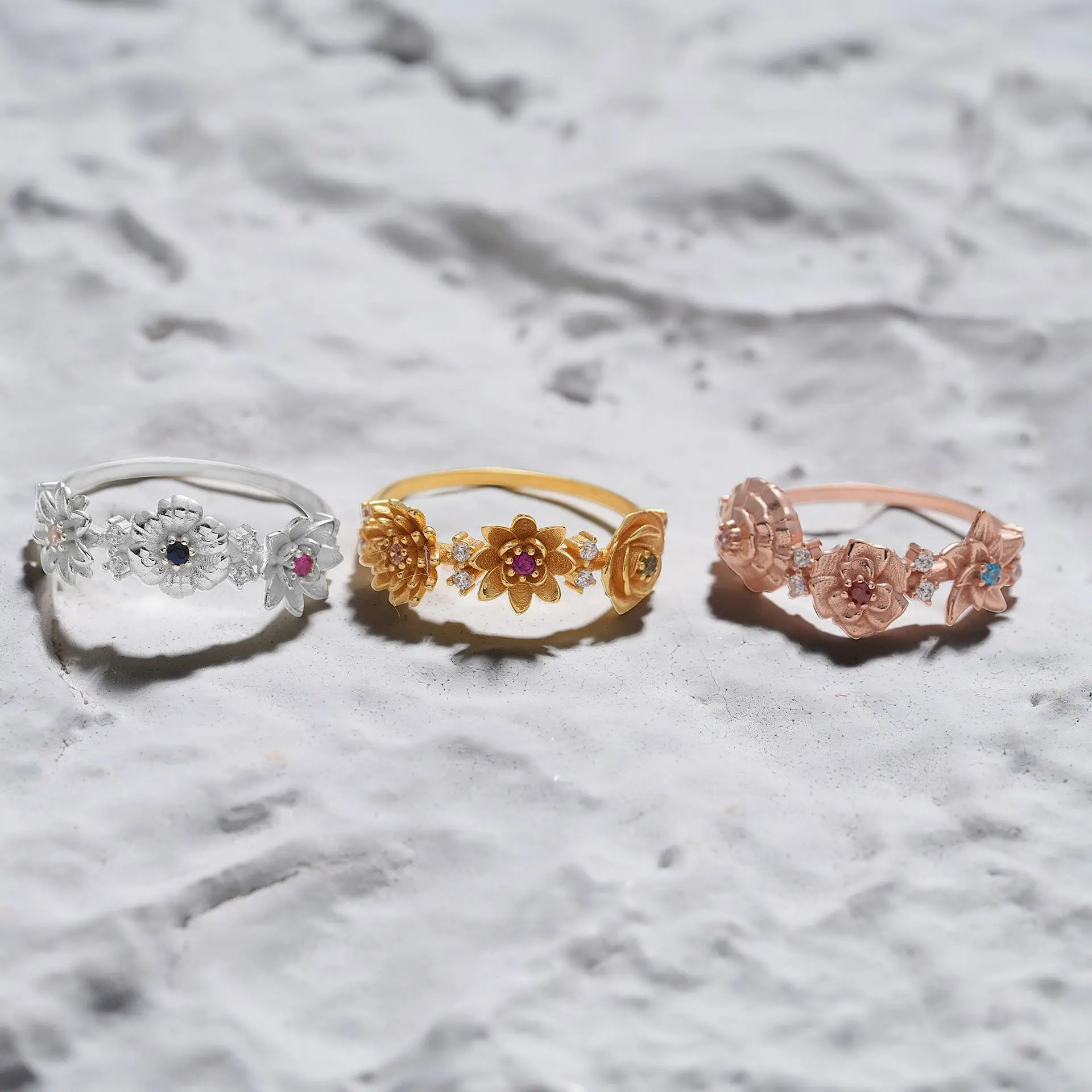 

Custom Birth Flower Ring - Personalized Floral Ring W/ Birthstone - Minimalist Gold Plated Copper Jewelry