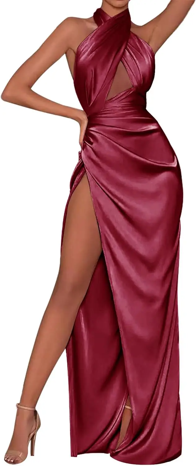 Nische Cross Neck holder Design Abend Party Kleid einfache Luxus Satin sexy Aushöhlung Design schlanke Taille Vestidos Plissee Split Kleid