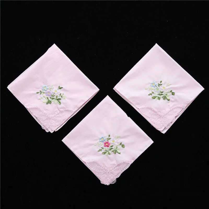 3Pcs 28x28cm 100% Cotton Flower Embroidery Square Scarf Plain Women Lady Handkerchief Wedding Party Gift