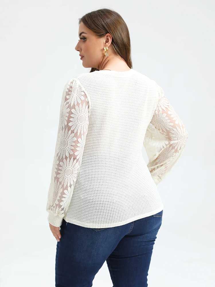 Plus Sized Clothing Women's Plain V-Neck Lace Sleeve Patchwork Blouse White Elegant  Embroidery Long Sleeve Spring Tops