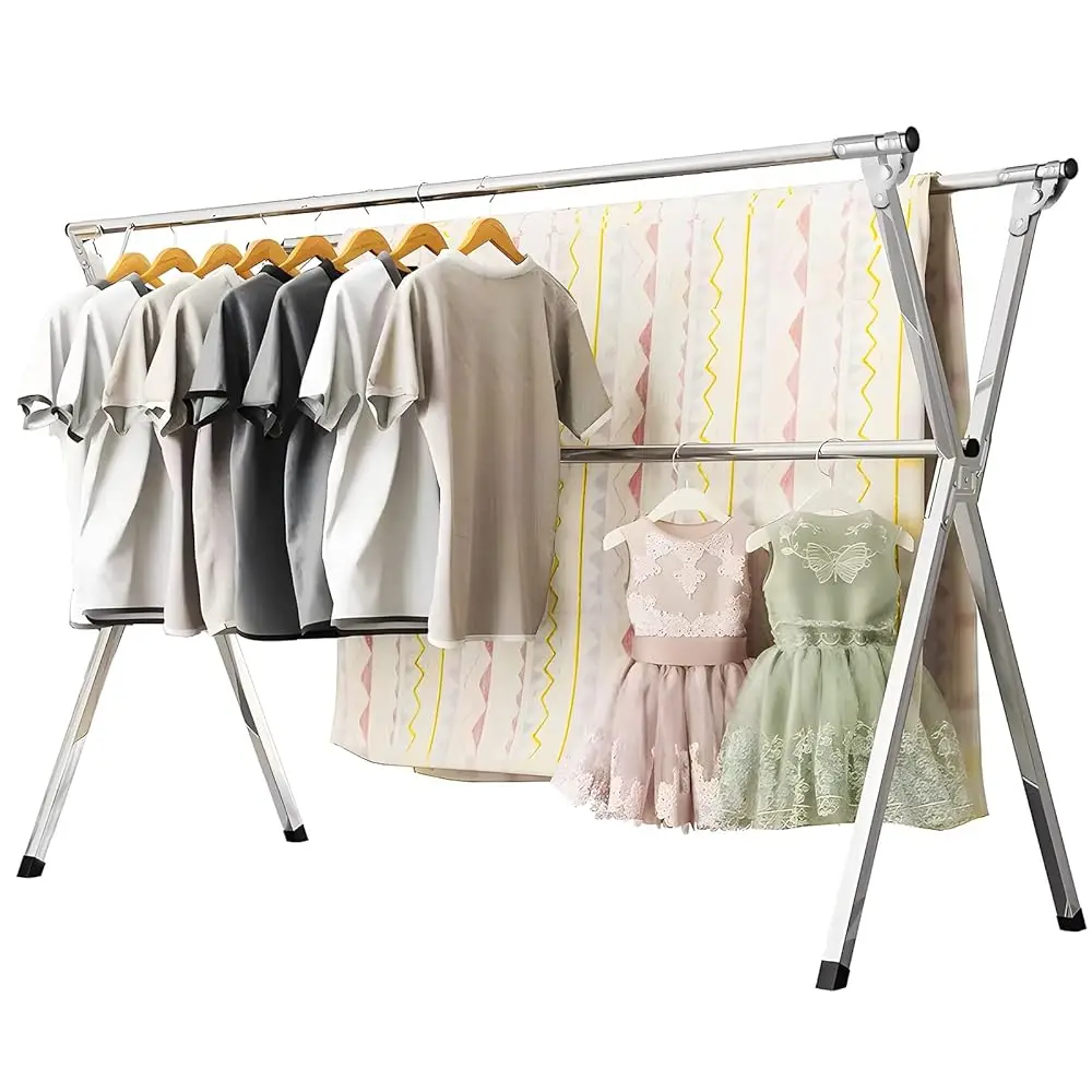 

Free Shipping63 Inches Clothes Drying Rack, Heavy Duty Stainless Steel Laundry Drying Rack Folding Indoor Outdoor, Portable Dryi