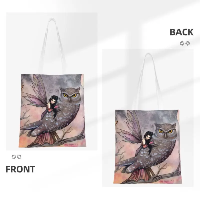 Funny Friendship Fairy And Owl Fantasy Art Illustration By Molly Harrison Shopping Tote Bags Canvas Shoulder Shopper Bag