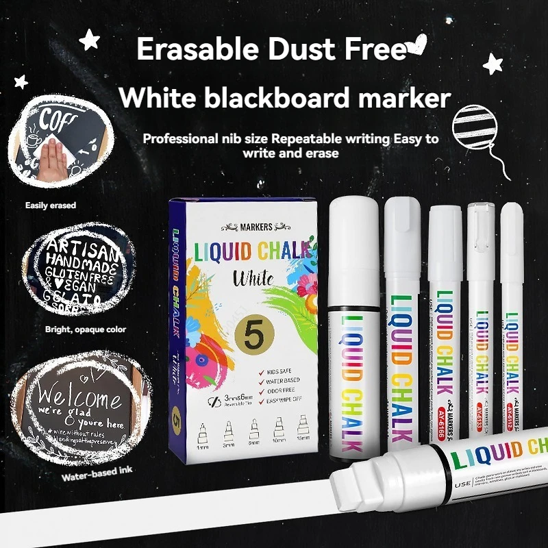 5pcs/set White Chalk Markers Liquid Chalkboard Markers, White Liquid Chalk Marker for Windows, Glass - 1, 3, 6, 10, 15mm Tips