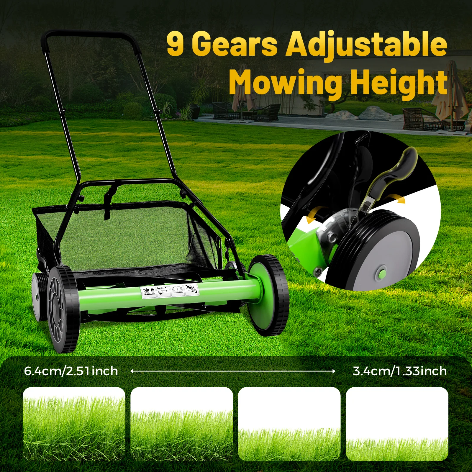 20 Inch Manual Reel Lawn Mower with 9 Height Adjustments, 5-Blade Grass Cutter for Small Garden