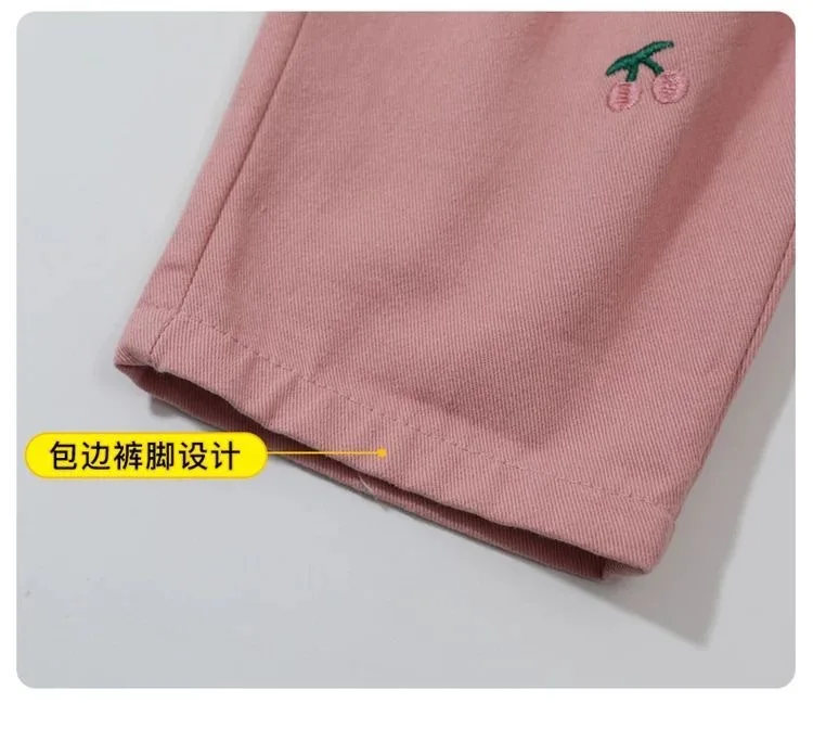 Neue Frühling-Herbst-Kinderhose mit Kirschstickerei, lockere Freizeithose für Mädchen, Stretch-Langhose für Schülerinnen, weiche Baby- und Kinderhose mit weitem Bein – Detail 5