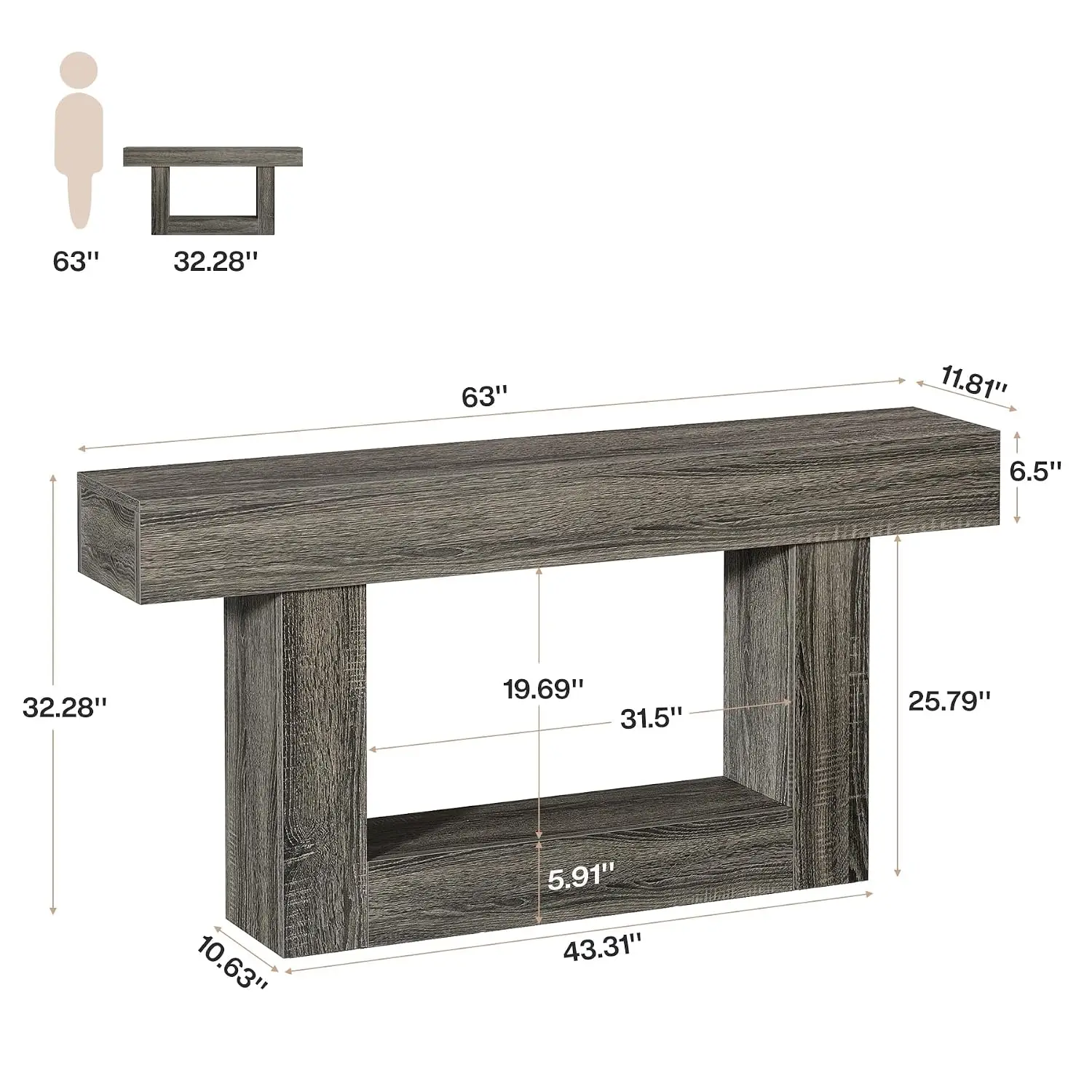 63-Inch 2-Tier Console Table With Storage, Farmhouse Wood Behind Couch Table For Living Room & Hallway, Rustic Gray, Customized