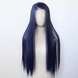 Perruque Lace Front Synthétique Bleu Marine Foncé, Cheveux Longs et Lisses, Pre-Plucked, Degré de Chaleur, 03/Wear, Cosplay