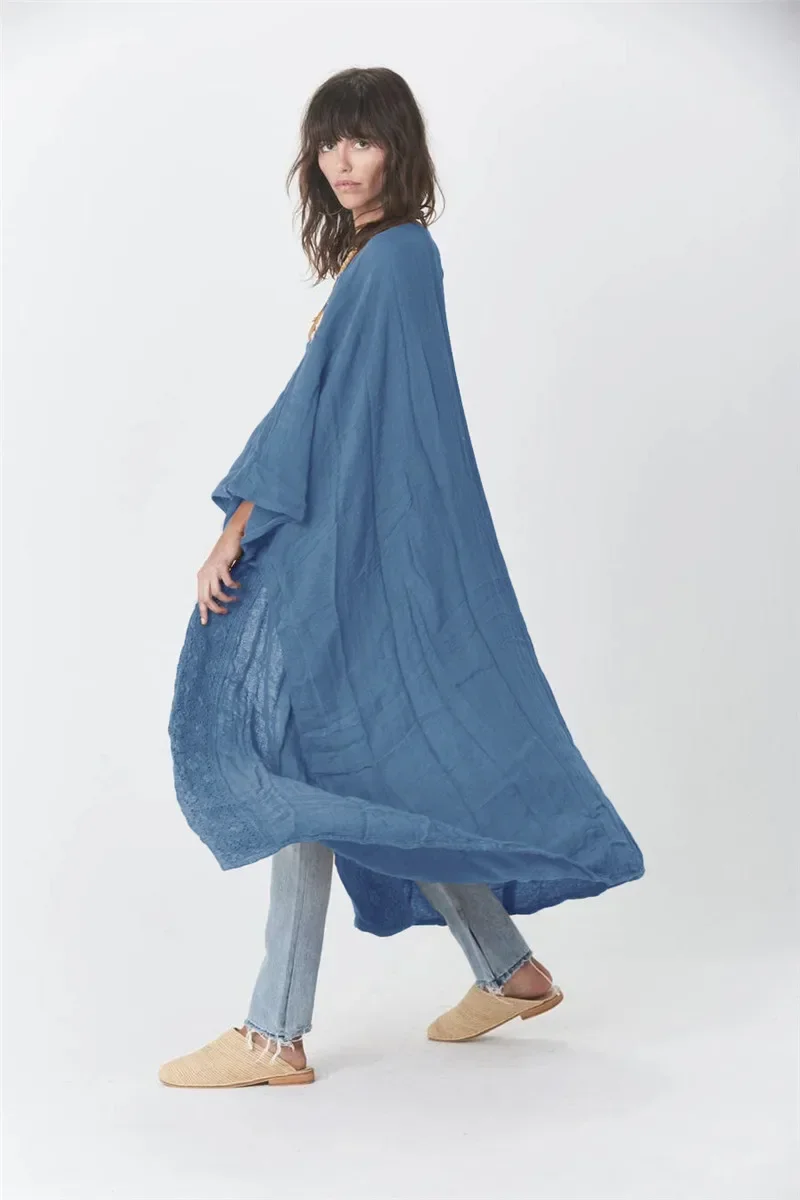 Blusa de praia de renda pano de bambu sexy cardigan vestido de férias biquíni casaco feminino beira-mar longo camisa casual primavera e verão g1
