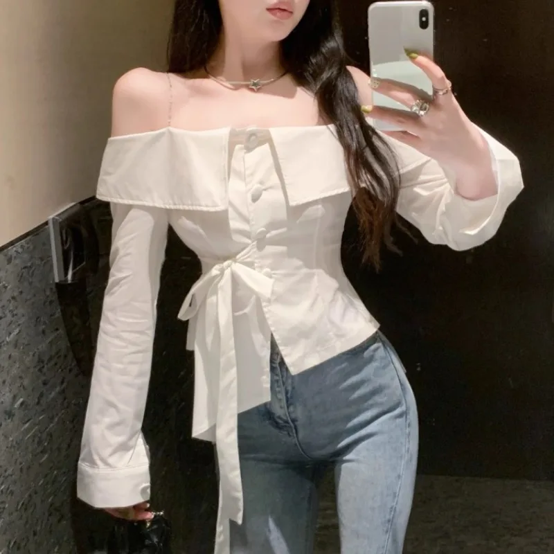 Ezgaga Shirts Women Bandage Chain Slash Neck Off Shoulder Long Sleeve Slim French Style Chic Irregular Top Female Blouse Elegant