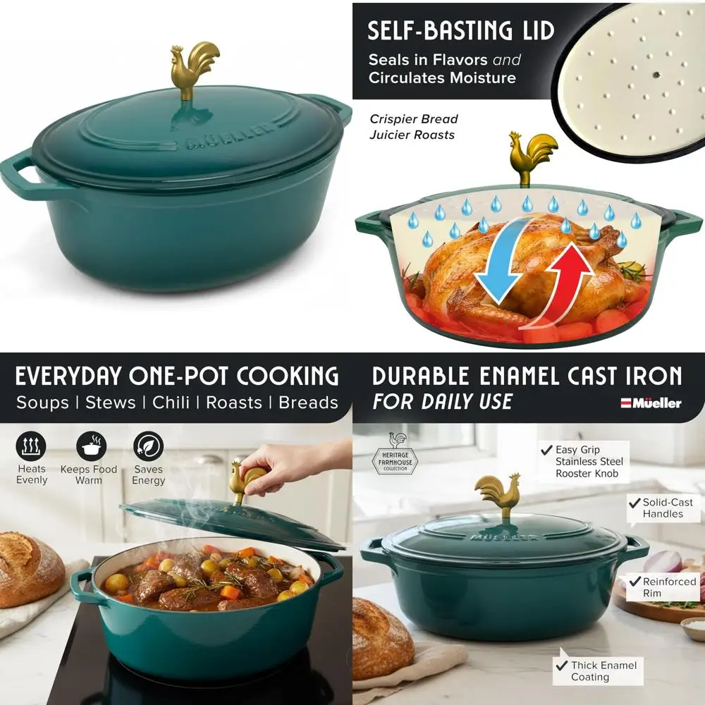 

MÜELLERHOME 5,5 литра эмалированная чугунная овальная голландская духовка, ручка петуха, сверхпрочная посуда, безопасная для духовки до 500 ° F & Across All