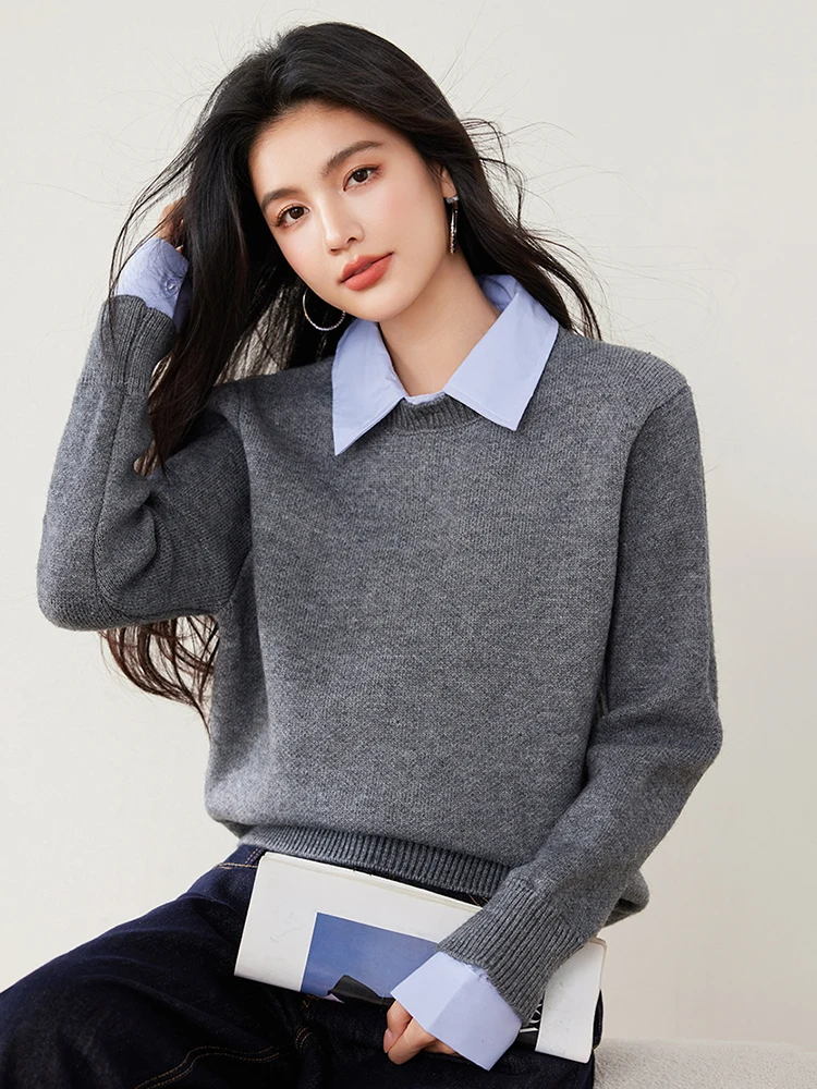 

Fashion Simplicity Women Sweaters Autumn New Fake Two Pieces Shirts Patchwork Sweater Casual Long Sleeve Knitted Tops