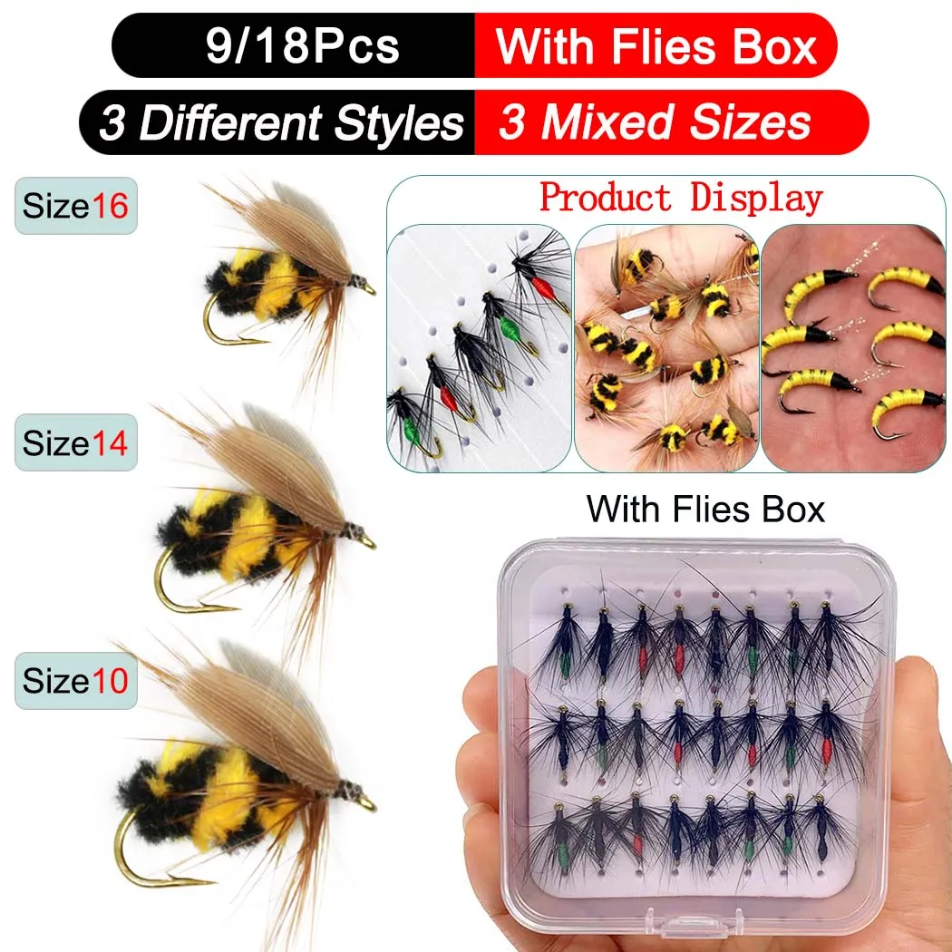 9/18Pcs/Box Artificial Bug/Bee/Ant Dry Fly Fishing Trout 3 Mixed Sizes Artificial Bionic Lure Bait