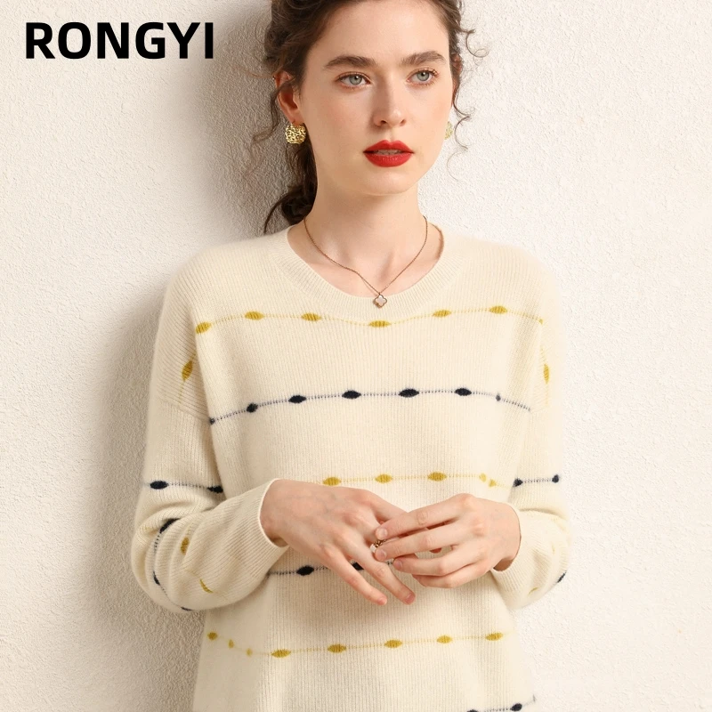 RONGYI 100% Goat Cashmere Sweater Women\'s 12-Pin O-Neck 3-Color Drum Wave Inlay Pullover Knitted Casual Autumn And Winter Top