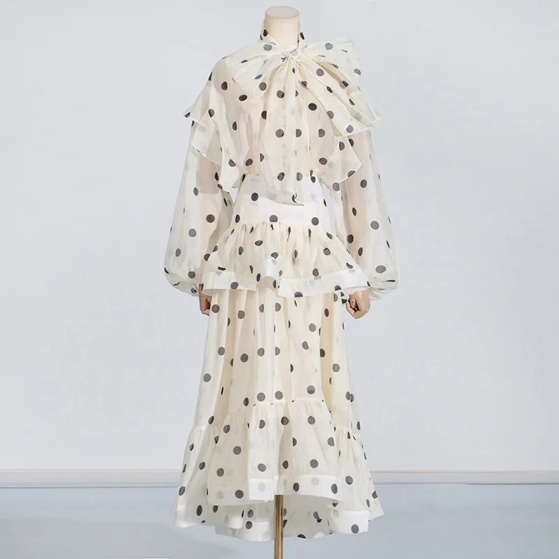 Ensemble élégant de 2 pièces pour femmes, col écharpe à pois, hauts Design à volants + jupes trapèze taille haute, vêtements à la mode, 2025