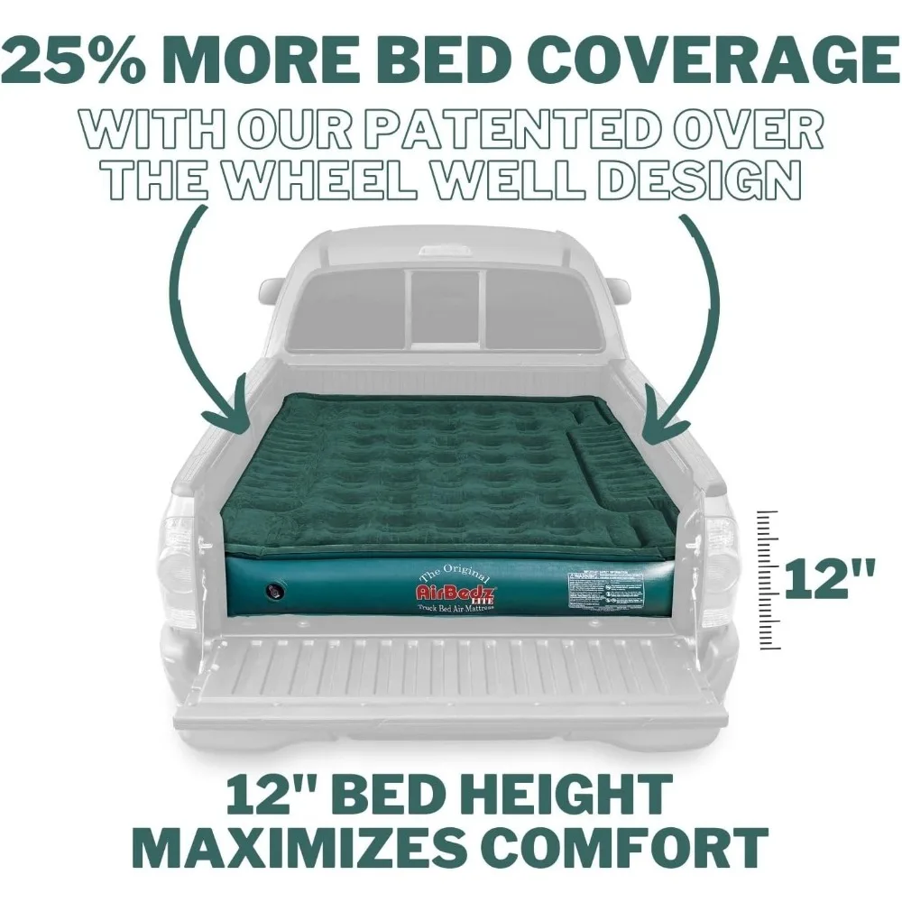 AirBedz Lite PPI PV202C Full Size, Short 6'-6.5' Truck Bed Air Mattress with DC Corded Pump (76"x63"x12" Inflated),Green