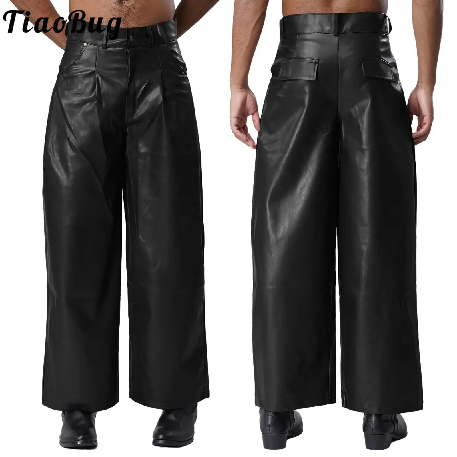 

Men's Black Faux Leather Loose Pants High Waist Pockets Straight Trousers for Daily Casual Office Party Club Motor Biker Bottoms