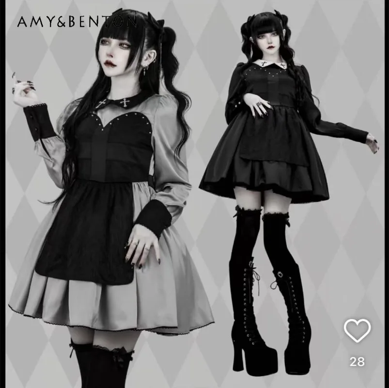 

Japanese Mine Series Mass-Produced Cross Collar Patchwork Dark Lolita Style Dress Sweet Cool Subculture Long Sleeve Mini Dress