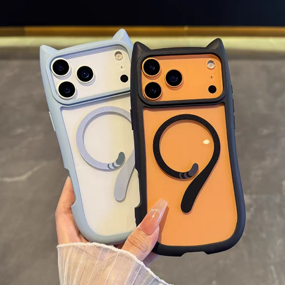 Funda Magsafe con orejas de gato para iPhone 17 Pro Max 17 Air 13 14 15 16 Pro Max, correa para muñeca, cordón, cubierta magnética transparente para armadura de PC