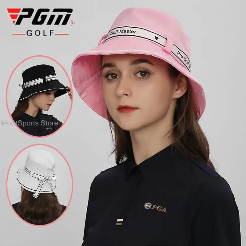 Pgm Wide Brim Tie Bow Women Golf Hats Soft Cotton Foldable Outdoor Sun Visor Ladies Letter Printed Bucket Caps Sunscreen Anti-UV