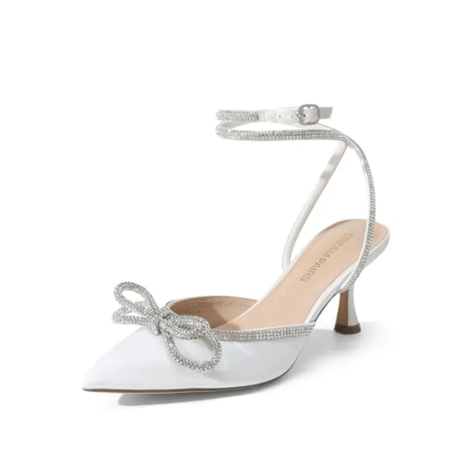

DREAM PAIRS Kitten Heels Rhinestone Bow Ankle Strap Stiletto Pointed Closed Toe Heels for Women Pumps Wedding Bridal Party Dres