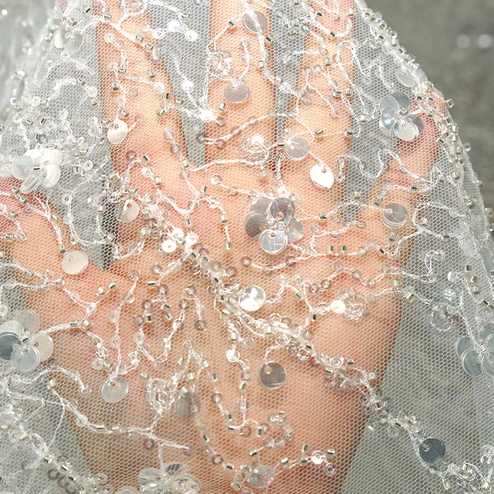 

Silver Sequin Beaded Tulle Fabric Sparkle Embroidery Mesh For Evening Dress Bridal Veil Party Decor Luxury Textile Material