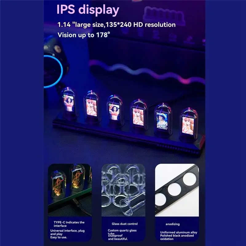 B62B-LED Nixie Tube Clock IPS Color Screen Digital Clock DIY Analog Digital Tube Wifi Time Desktop Desktop Digital Clock