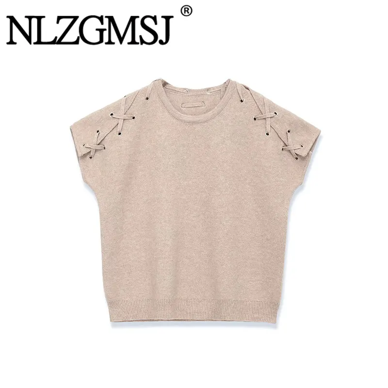 

Nlzgmsj 2026 Spring Women's Beige Lace-Up Shoulder Knit Top Crew Neck Short Sleeve Casual Sweater Female Streetwear
