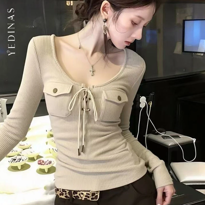 

Yedinas повседневная футболка женская одежда с длинным рукавом корейские модные футболки на шнуровке женская одежда винтажные осенне-весенние топы футболки