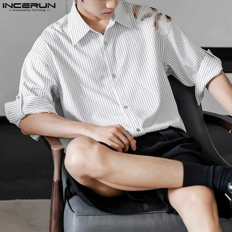 

INCERUN Men Shirt Striped Lace Patchwork Lapel Half Sleeve Loose Men Clothing Streetwear 2025 Korean Style Fashion Casual Tops