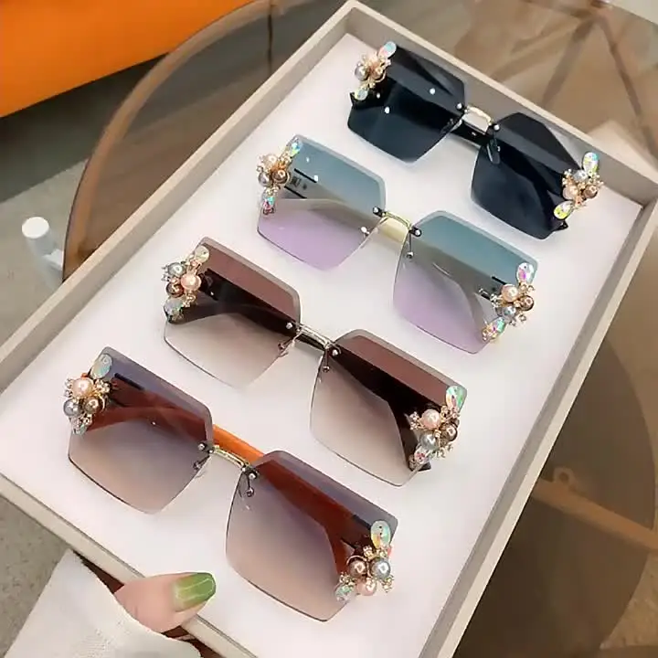 Strass Dekor Mode Mode Gläser Für Frauen Männer Casual Gradienten Randlose Gläser Für Sommer Strand Rave Party