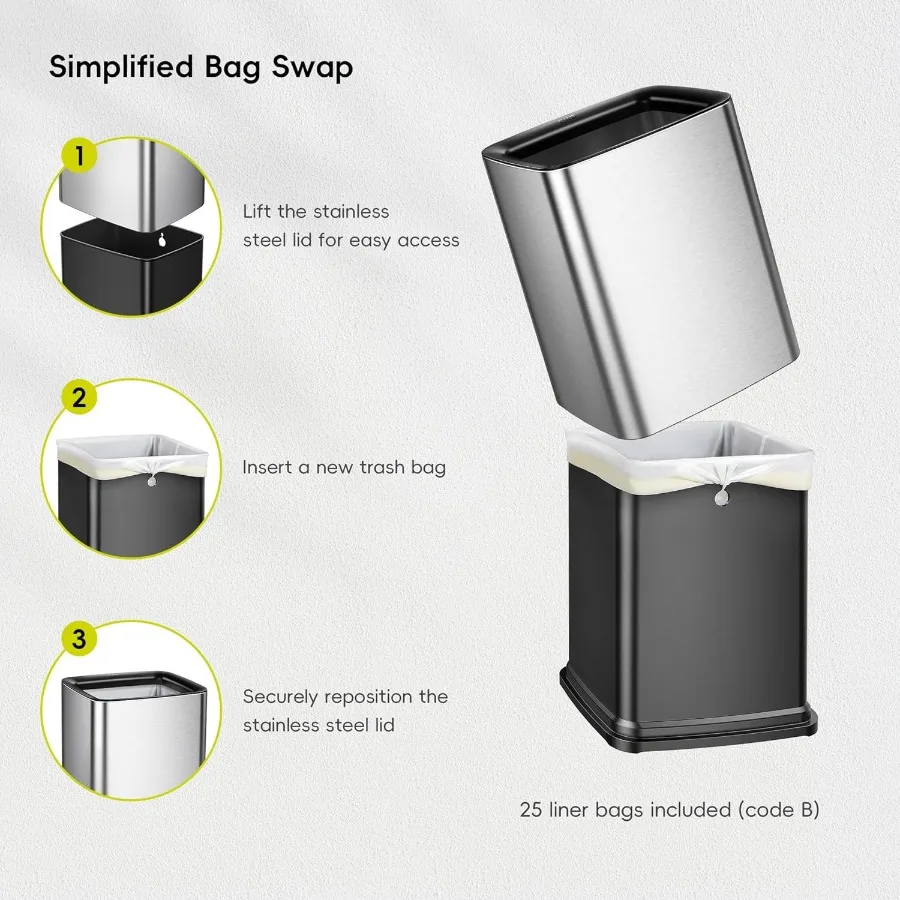 سلة مهملات عصرية مفتوحة من الفولاذ المقاوم للصدأ غير اللامع مع سلة داخلية قابلة للإزالة لغرفة نوم الحمام والاستخدام المكتبي 2.6 جالون 10 لتر