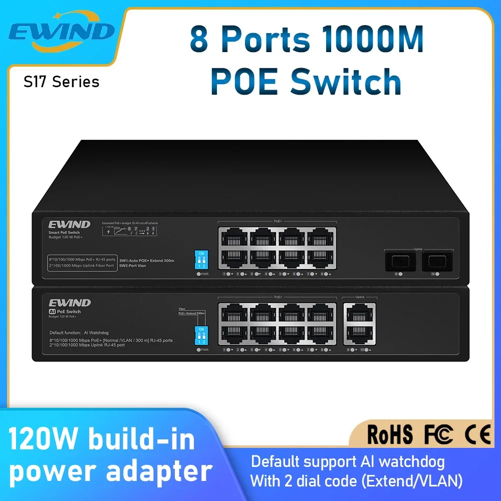 

EWIND 8 Ports POE Switch 10/100/1000Mbps Ethernet Switch with 2 1000M Uplink Ports Network for IP Camera AI Smart Switch