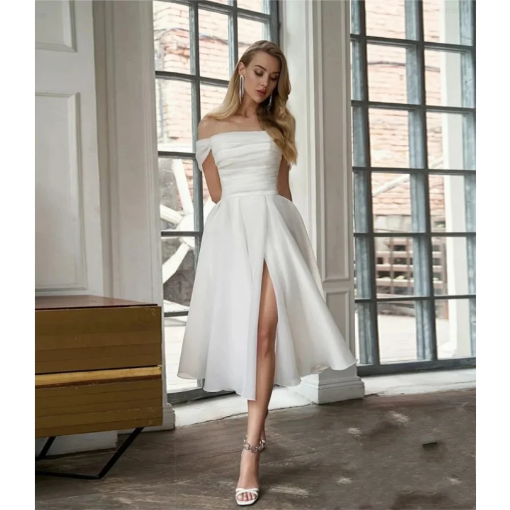 

Off The Shoulder Beach Wedding Dresses for Bride A Line Tulle Pleats Bridal Dress Tea-Length Formal Evening Gowns with Side Slit