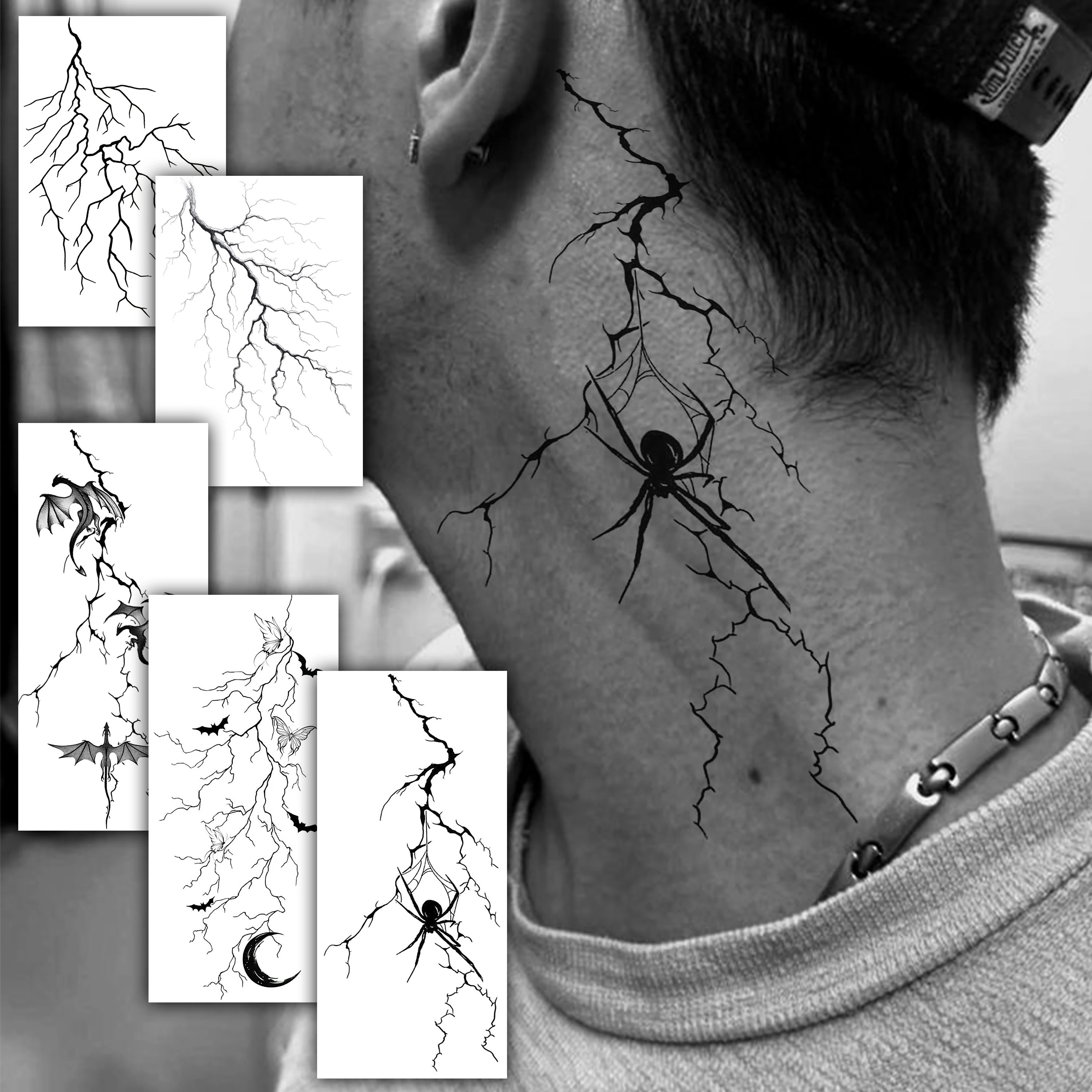 1 Sheet Halloween 3D Thunderbolt Lightning Bolt With Spider Dragon Temporary Tattoo Sticker, Realistic Long Lasting Fake Tattoo