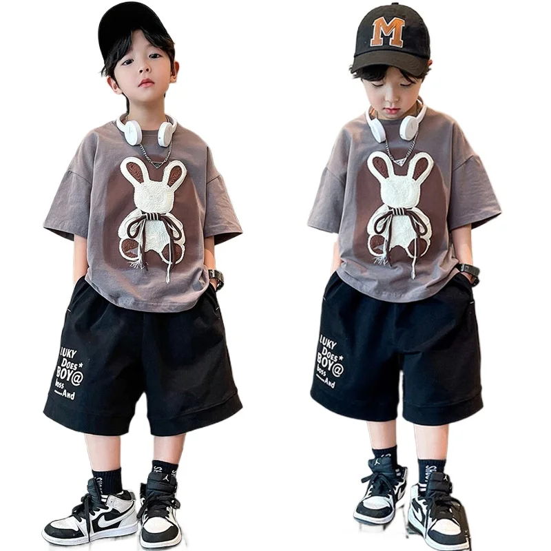 

Boy's Suit Summer Children's Cartoon Print T-shirt and Shorts 2pc Handsome Outwear Casual Teens Clothing Set Kids Tracksuits