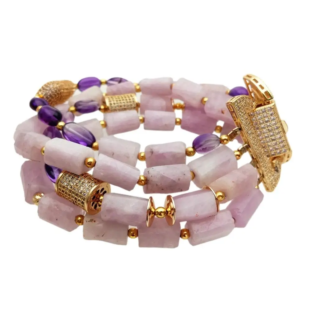 Y·YING 4 Rows Natural Pink Kunzite Tube Purple Amethyst Bracelet Gemstone