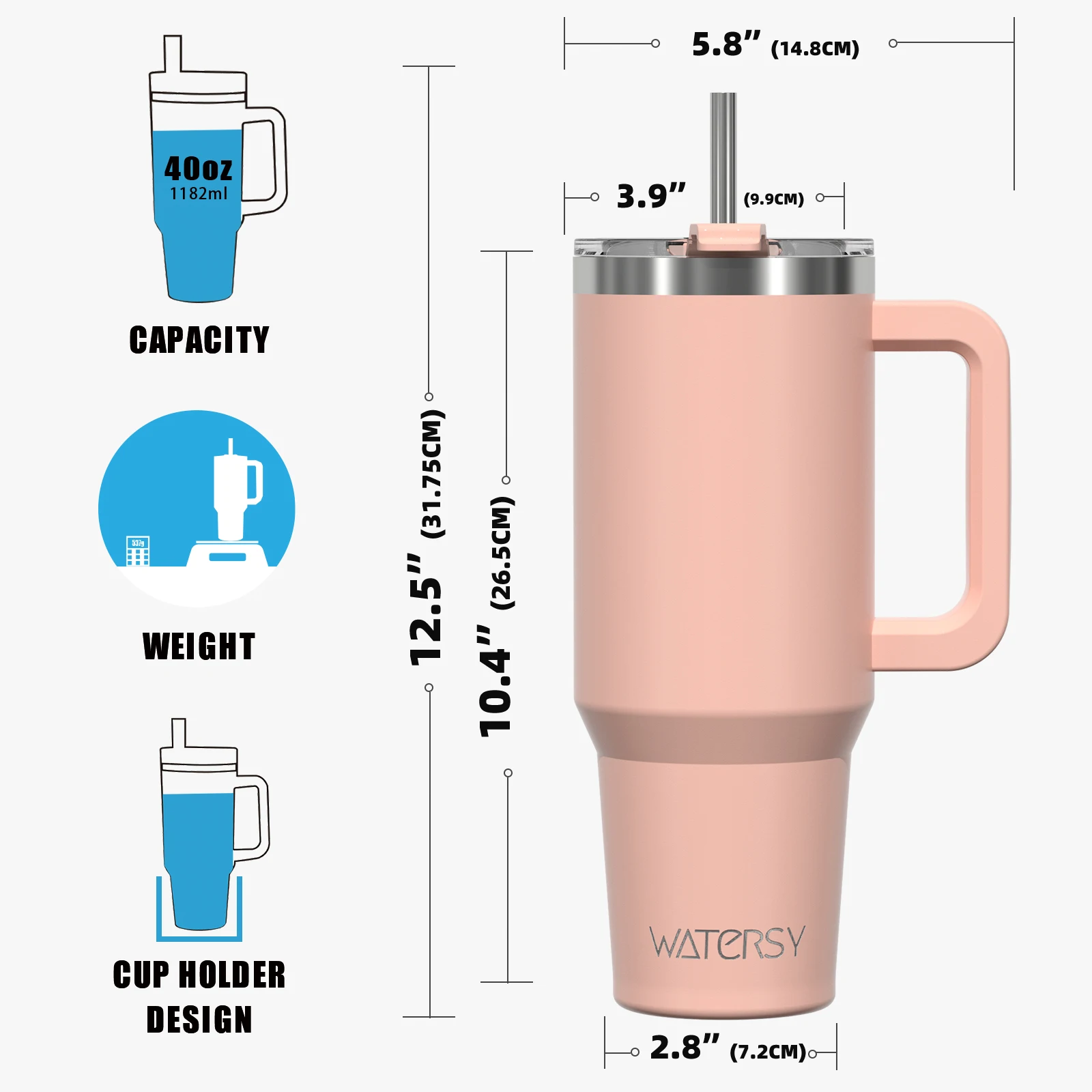 WATERSY 20/30/40oz Tumbler with Handle & Straw, Large Capacity Stainless Steel Thermal Cup, Vacuum Insulated Mug for Car, Travel