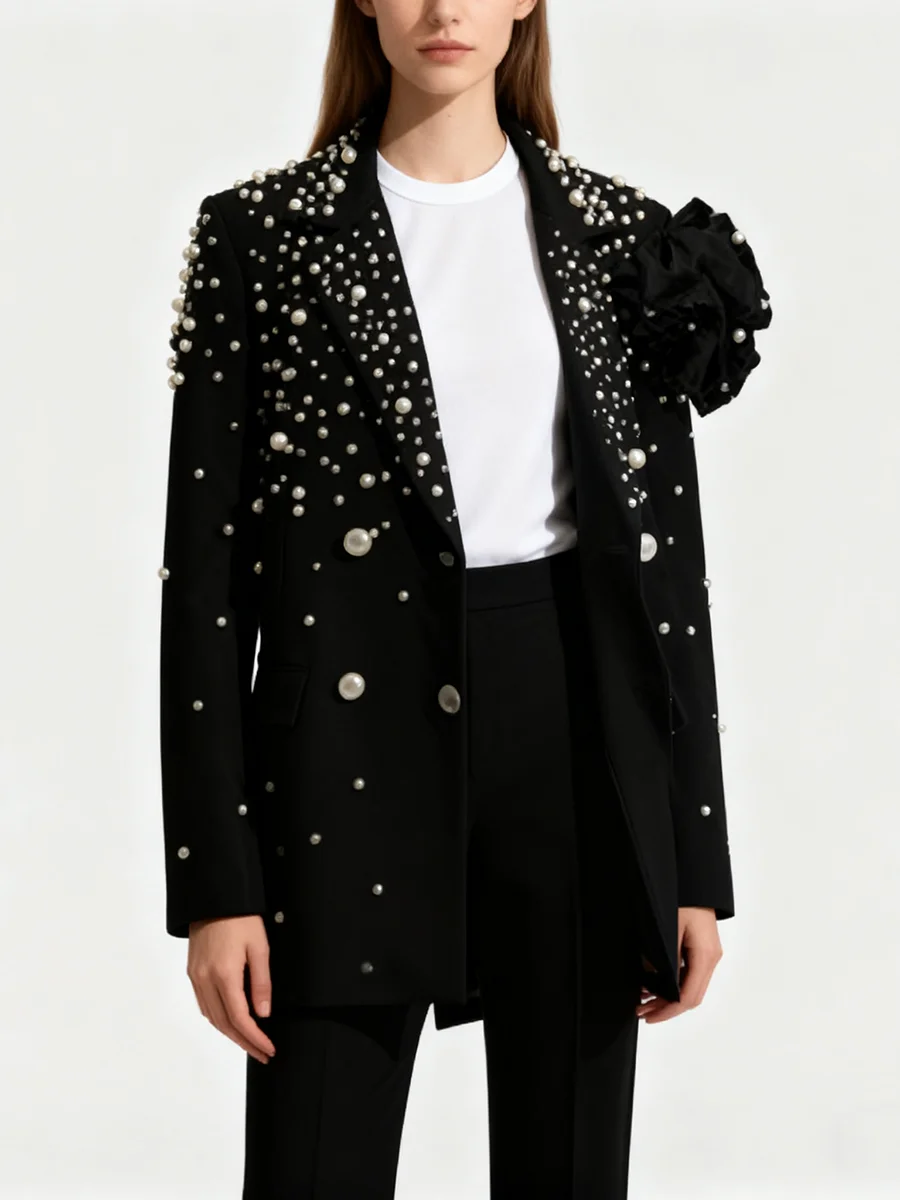 TWOTWINSTYLE Solido Impiombato Perline Eleganti Blazer per Le Donne Risvolto Maniche Lunghe Patchwork 3D Fiore Temperamento Giacca Sportiva Femminile Nuovo