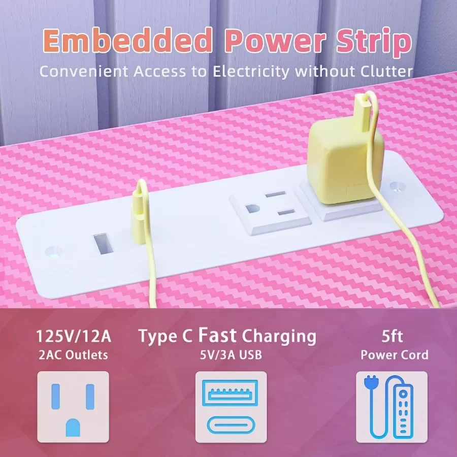 مكتب ألعاب مع منافذ طاقة LED 40 بوصة كمبيوتر مريح من ألياف الكربون سطح ألعاب مكتب شاشة كبيرة حامل سماعة الرأس هوو #4