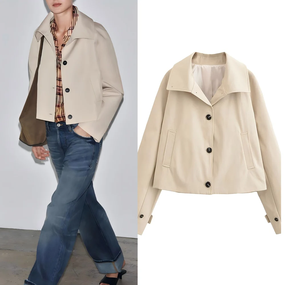 

Women's 2025 new fashion short single breasted waterproof windbreaker Coat retro long sleeved pocket women's Coat chic top