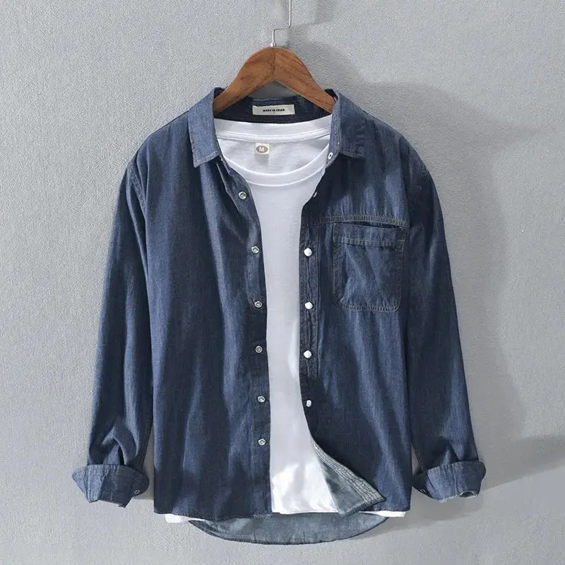 Men's Denim Shirt with Pocket Spring Clothing 2024 Long Sleeve  Collar Fleece Lined Thickened Special Wide Fit