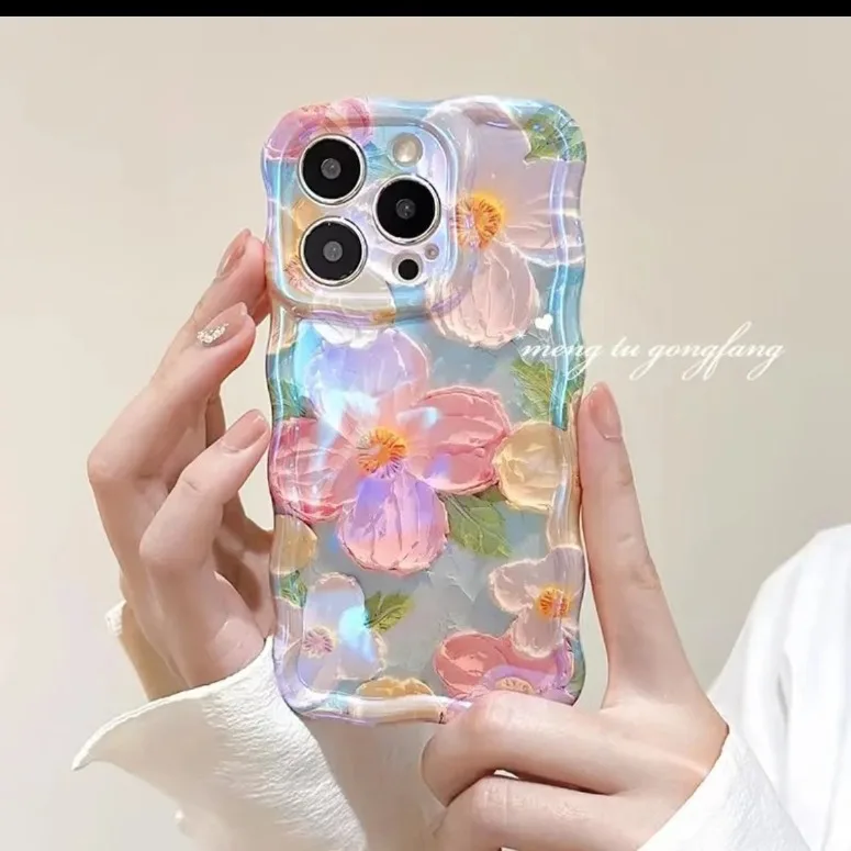 Colorful Retro Oil Painting Printed Flower  Cute Curly Waves Border Phone Case for iphone11121314Shockproof Protective