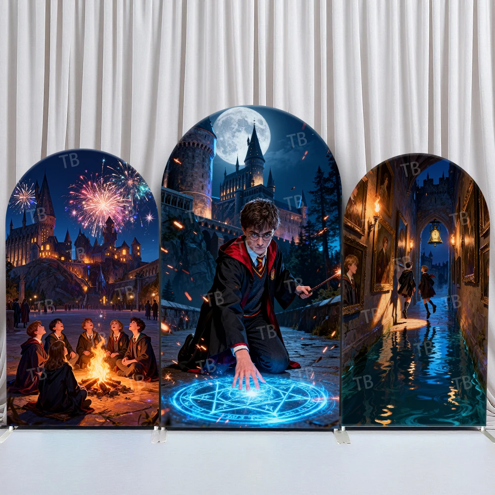

Harry Potter Hogwarts Castle Magic Circle Arch Backdrop Cover Mystical Night Scene For Kids Birthday Party Wizard Photo Booth