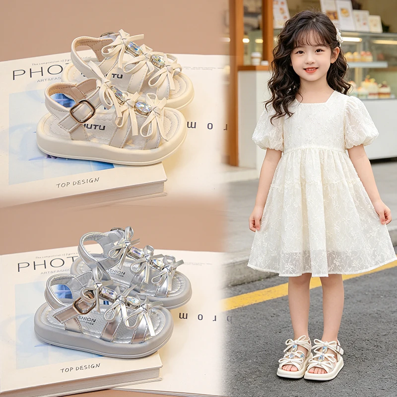 YUYIN Girls' Sandals Children's Sweet Bow Open-Toe Beach Sandals Summer New Fashion Hollow-Out Sandals Princess Shoes Breathable