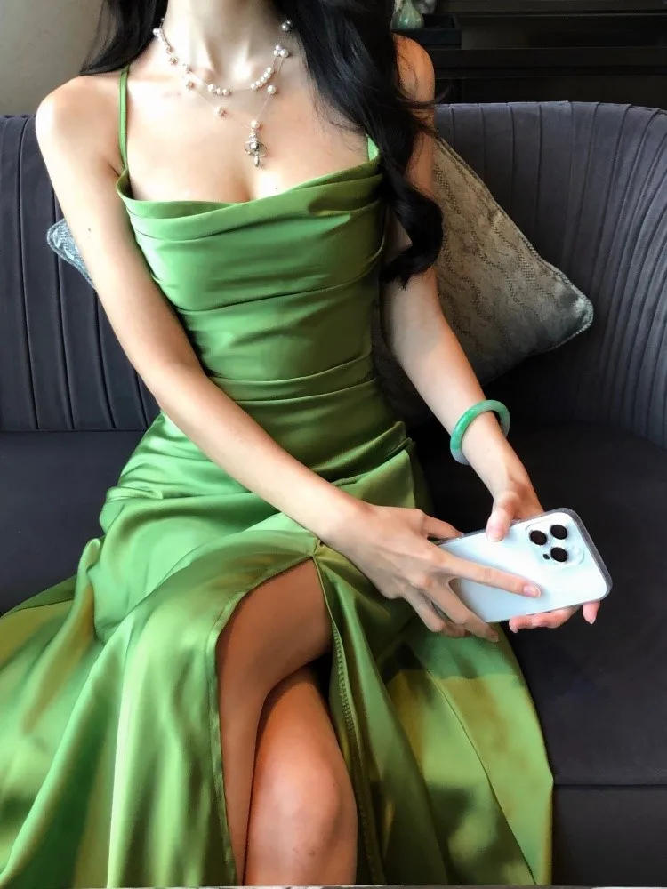 French Elegant Satin Women's Dresses Summer Swing-Collar Side Slit Slim Sexy Green Sling A-line Dress Party Evening Chic 2025