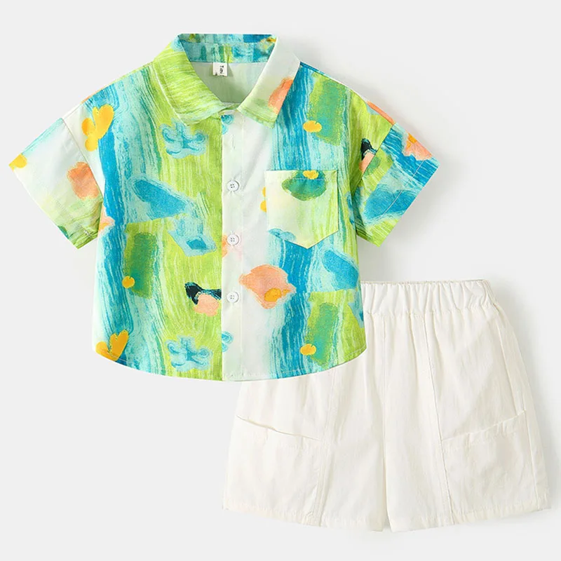 2Piece Sets Summer Baby Boy Clothes Korean Fashion Graffiti Short Sleeve Cotton Tops+Loose Shorts Boutique Kids Clothing B128