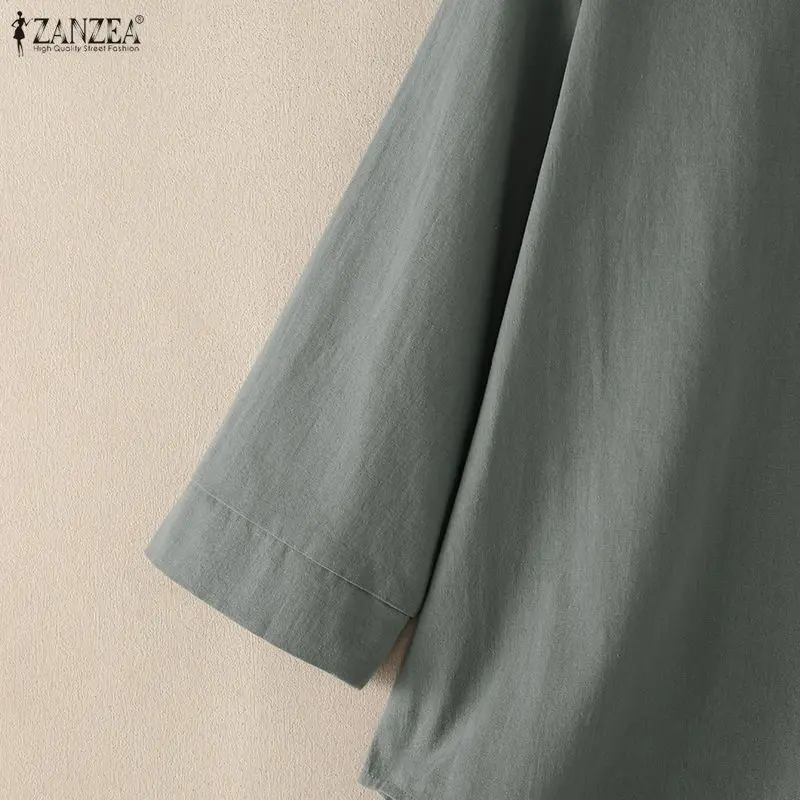 ZANZEA Lässige Baumwoll-Bluse für Damen mit 3/4-Armel, O-Ausschnitt, einfarbigem Hemd, asymmetrischem Saum, locker geschnitten, übergroße Urlaubstunika, Größe 3XL – Detail 9