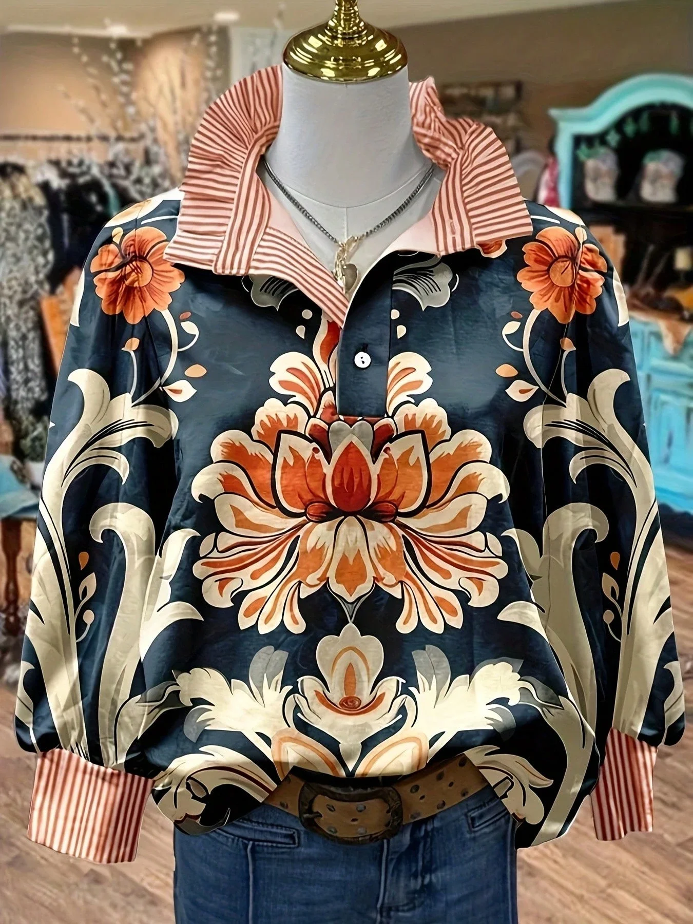 

Retro Floral Print Striped Long Sleeve Shirt With Ruffle Collar Polyester Casual Blouse