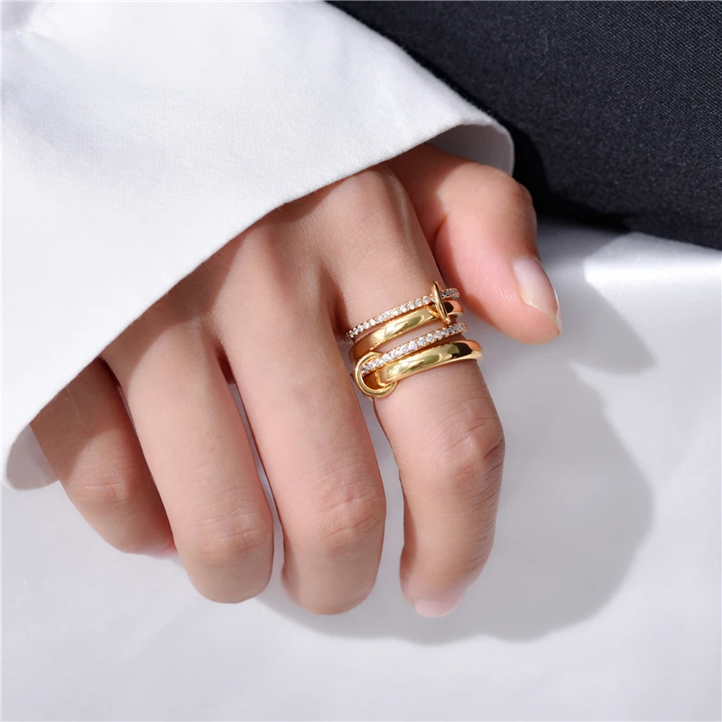 真鍮 AAA ジルコンリンクチェーンリング女性ジュエリーデザイナー T ショークラブカクテルパーティーレア日本韓国 INS