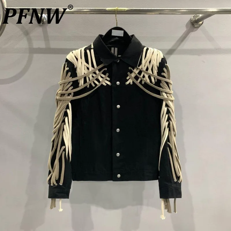 PFNW High Quality Darkwear High Street Colorblock Rope Design Black Jacket Men's And Women's Couple Outerwear Coat New 28W5907